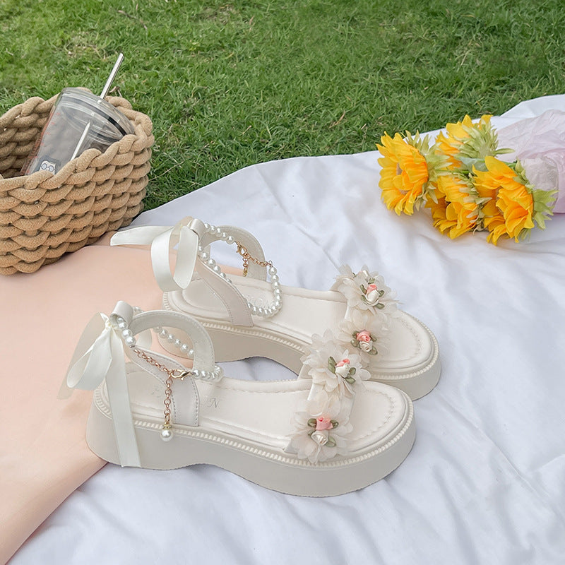 Pearl Bow Chunky Sandals