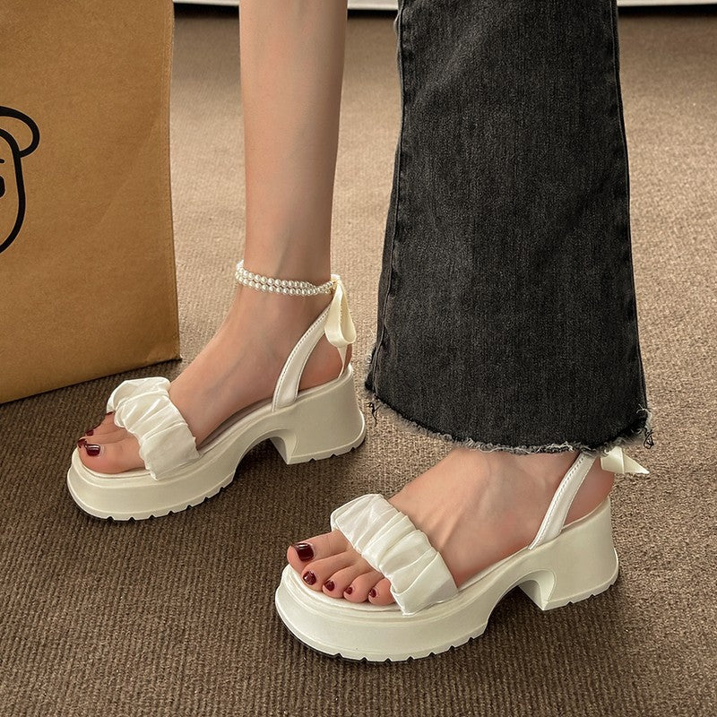 Pearl Bow Chunky Sandals