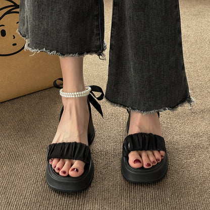 Pearl Bow Chunky Sandals